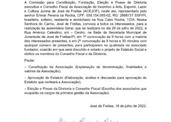 ACEJOF convoca população de José de Freitas para assembleia geral ordinária