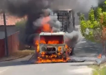 Caminhão pega fogo após tocar em fio de energia em Miguel Alves